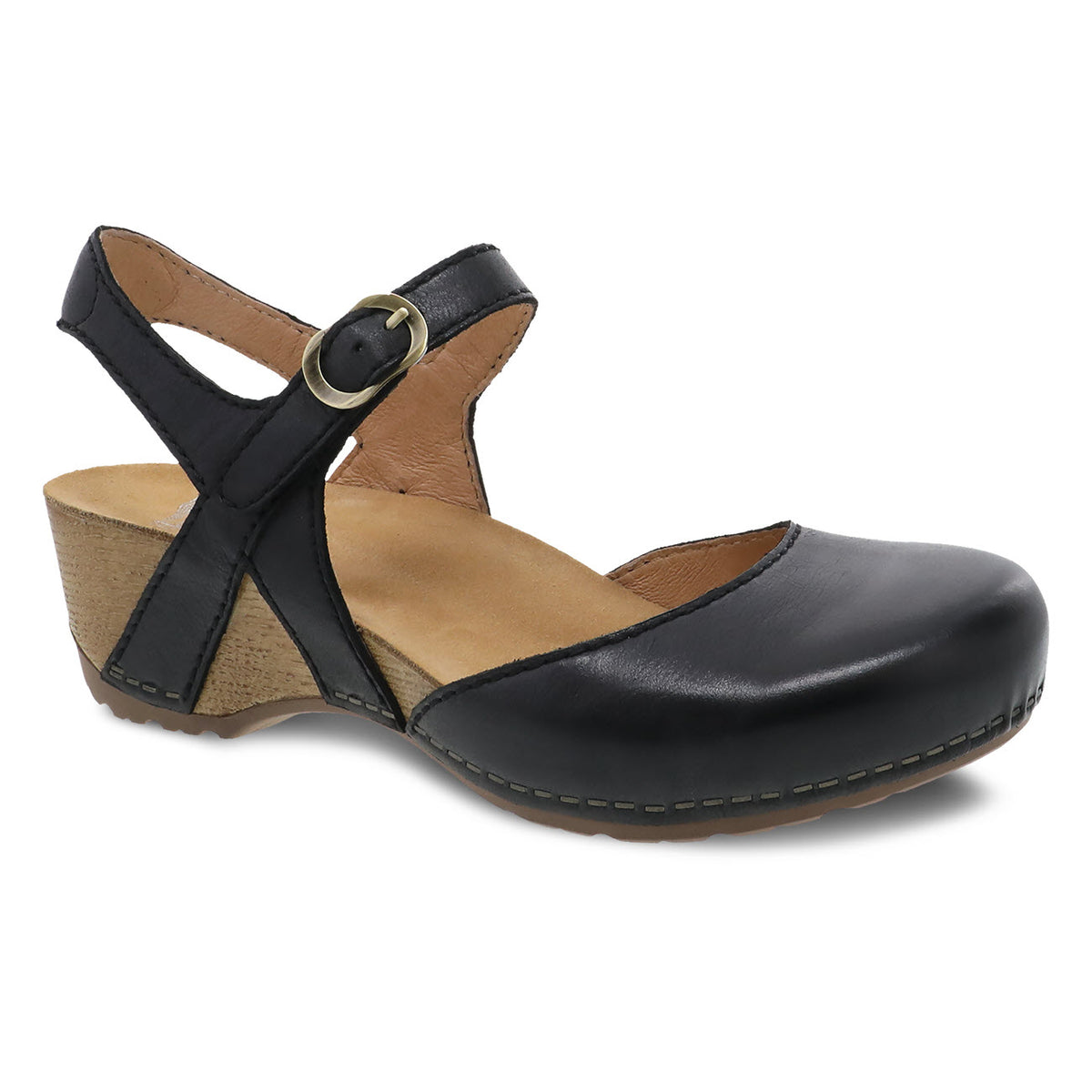 Dansko Tiffani black milled mary jane style shoe with burnished leather uppers and a chunky heel on a white background.