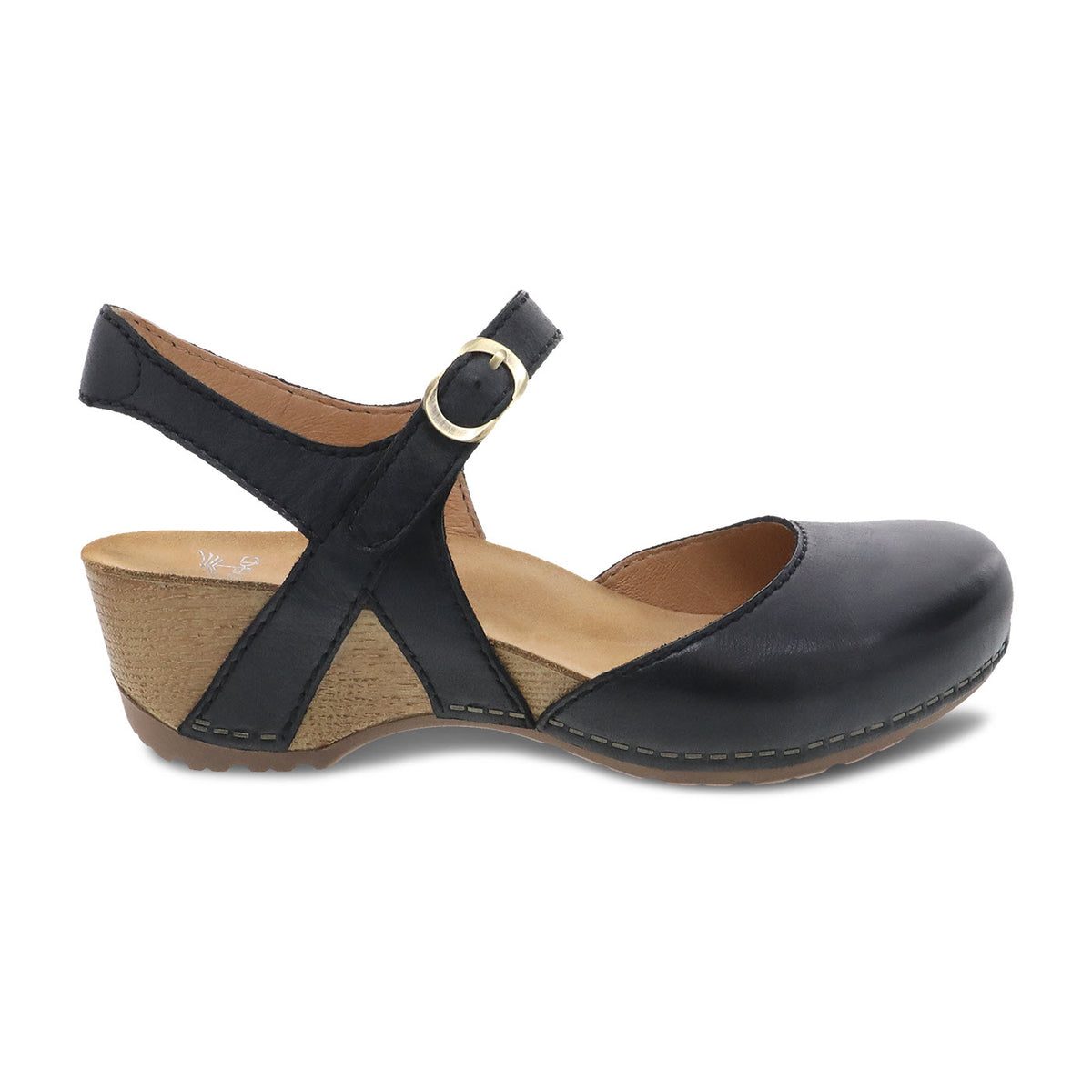 Black women&#39;s Dansko Tiffani sandal with a buckle and a chunky wooden heel.