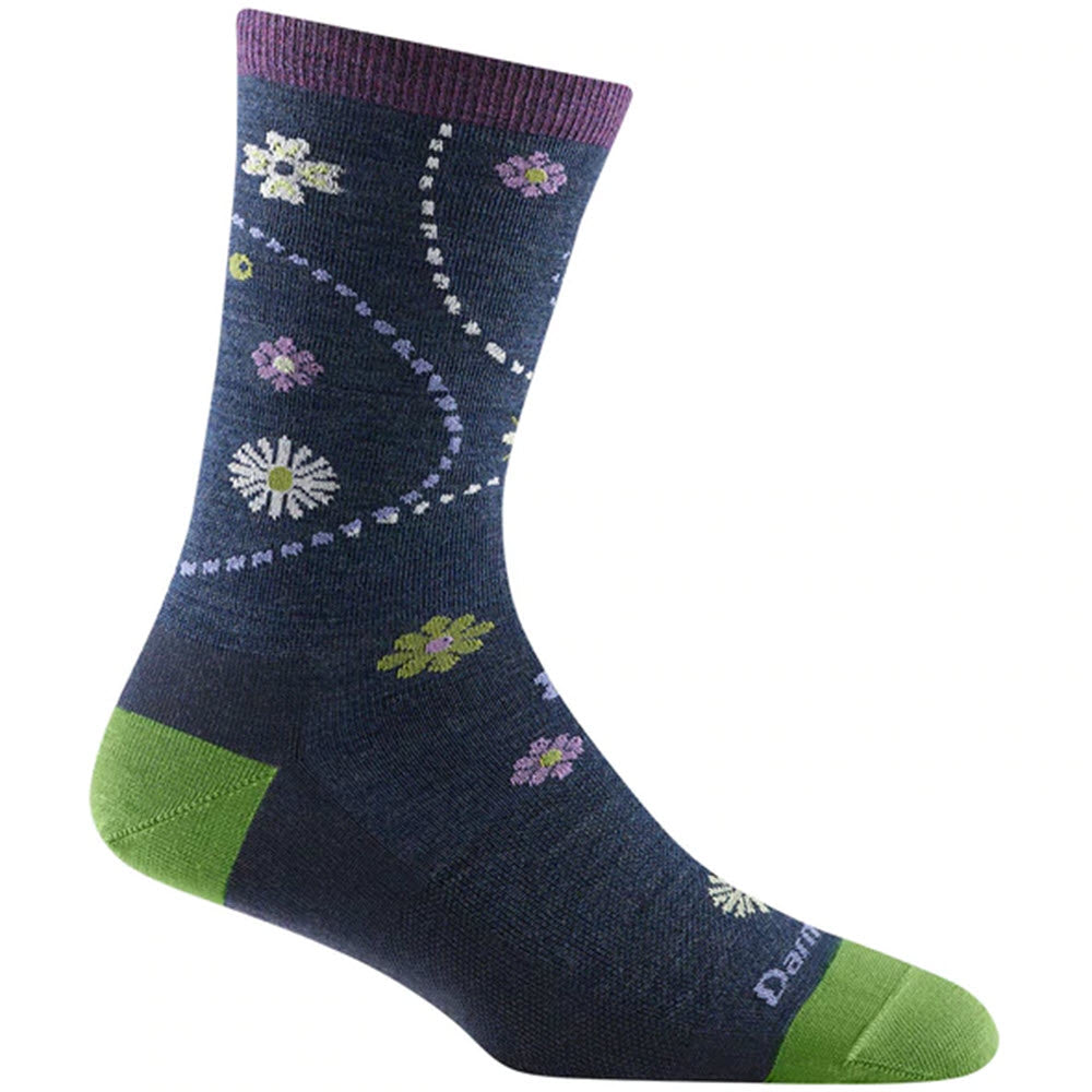 A patterned Darn Tough Garden Crew Sock Bellflower with floral designs and contrasting heel and toe sections ensures comfort with its versatility.