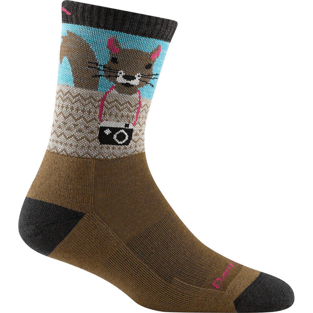 Colorful Darn Tough Critter Crew Socks Acorn with a cat design and reinforced heel and toe areas with cushioning.