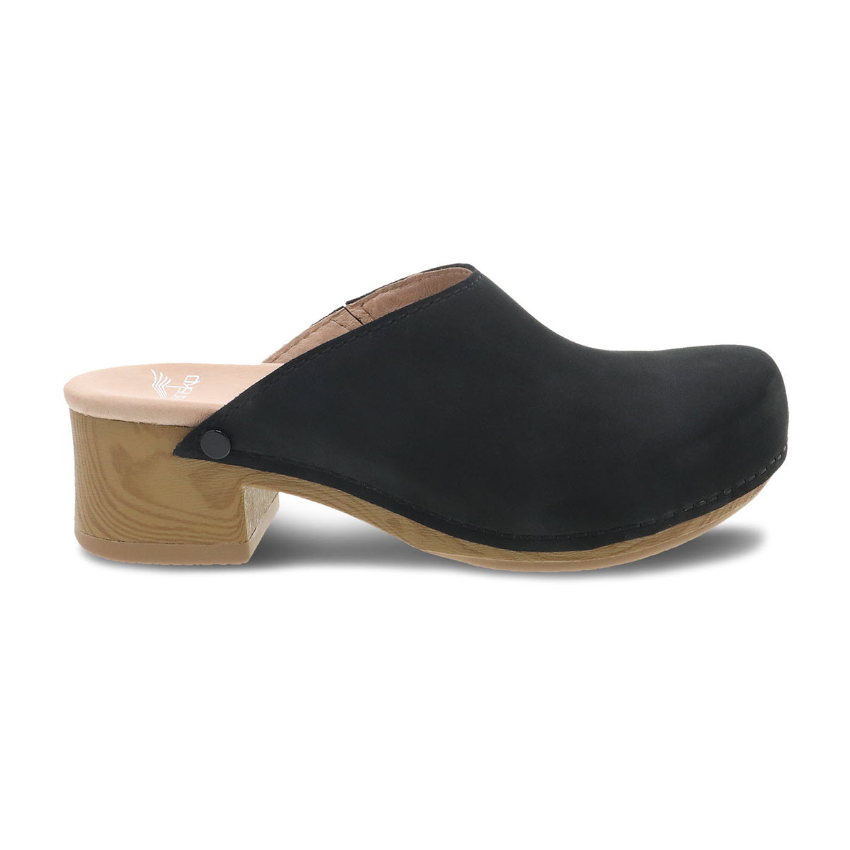 Dansko Giulia black milled nubuck clog with lightweight polypropylene midsole and wooden heel on a white background.