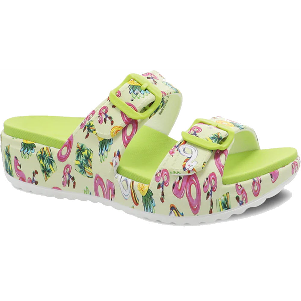 A pair of bright green Dansko Kandi pool floats with tropical print and adjustable double straps.