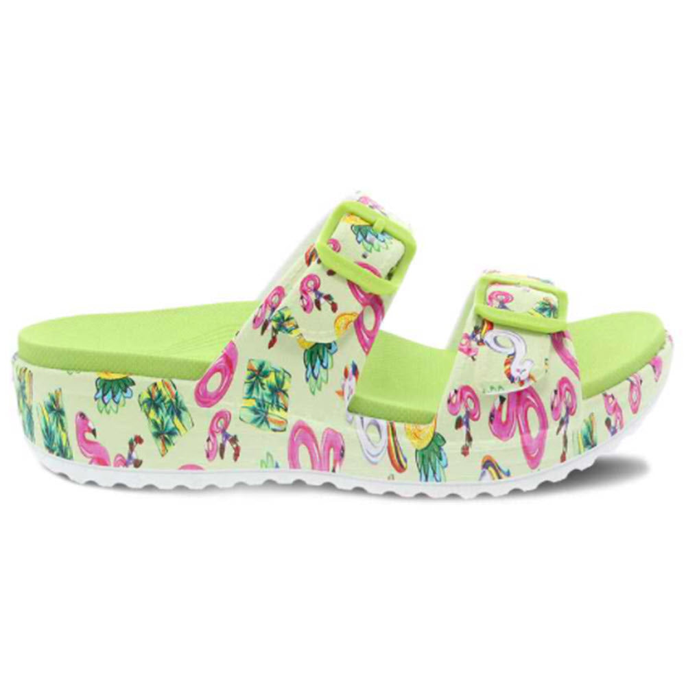 A pair of lime green Dansko Kandi pool floats with a colorful tropical and flamingo print.