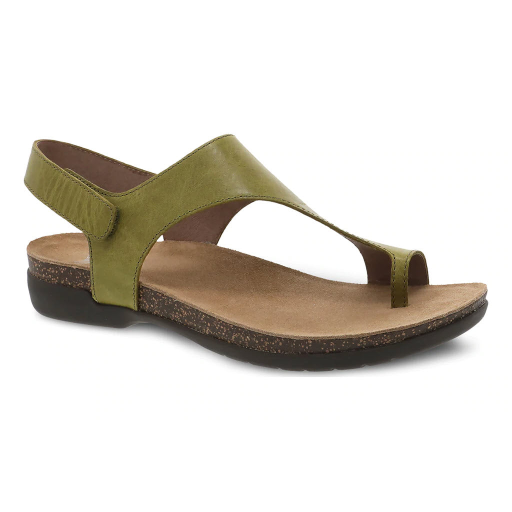 Dansko Olive Green Leather Reece Cactus Waxy Burnished Women&#39;s Sandal with a Toe Strap and Adjustable Back Strap, depicted on a white background.