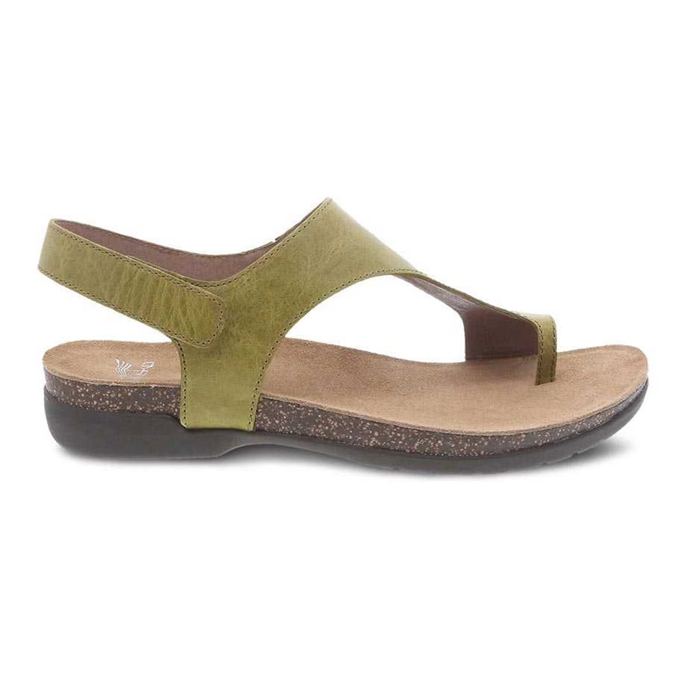 Olive green Dansko Reece Cactus Waxy Burnished women&#39;s leather sandal with a single strap over the foot, a loop around the toe area, and an adjustable back strap.