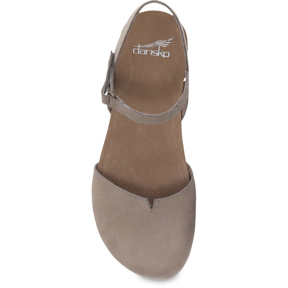 A single brown Dansko Rowan Taupe Milled Nubuck women&#39;s shoe displayed from a top-down angle.