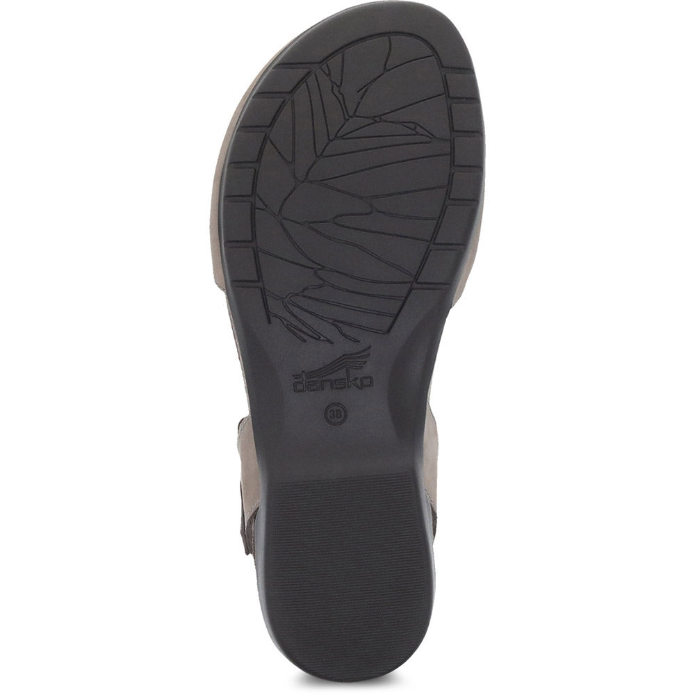 Sole of a Dansko Rowan Taupe - Women shoe showing tread pattern and brand logo.