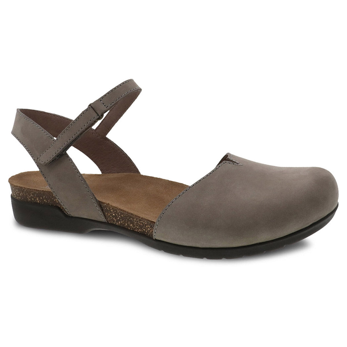 Women&#39;s Dansko Rowan Taupe casual leather sandal with an ankle strap on a white background.