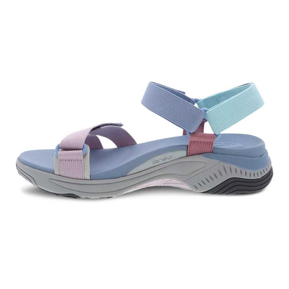 Sporty blue and purple Dansko Racquel Sky Multi Webbing strappy summer sandal on a white background.