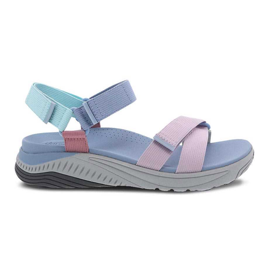 Blue and pink Dansko Racquel sport sandal on a white background. 
Replace with:
Blue and pink Dansko Racquel Sky Multi Webbing - Womens sport sandal on a white background.