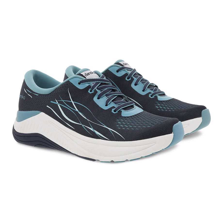 A pair of blue and white Dansko Pace Blue Mesh running shoes with arch support on a white background.