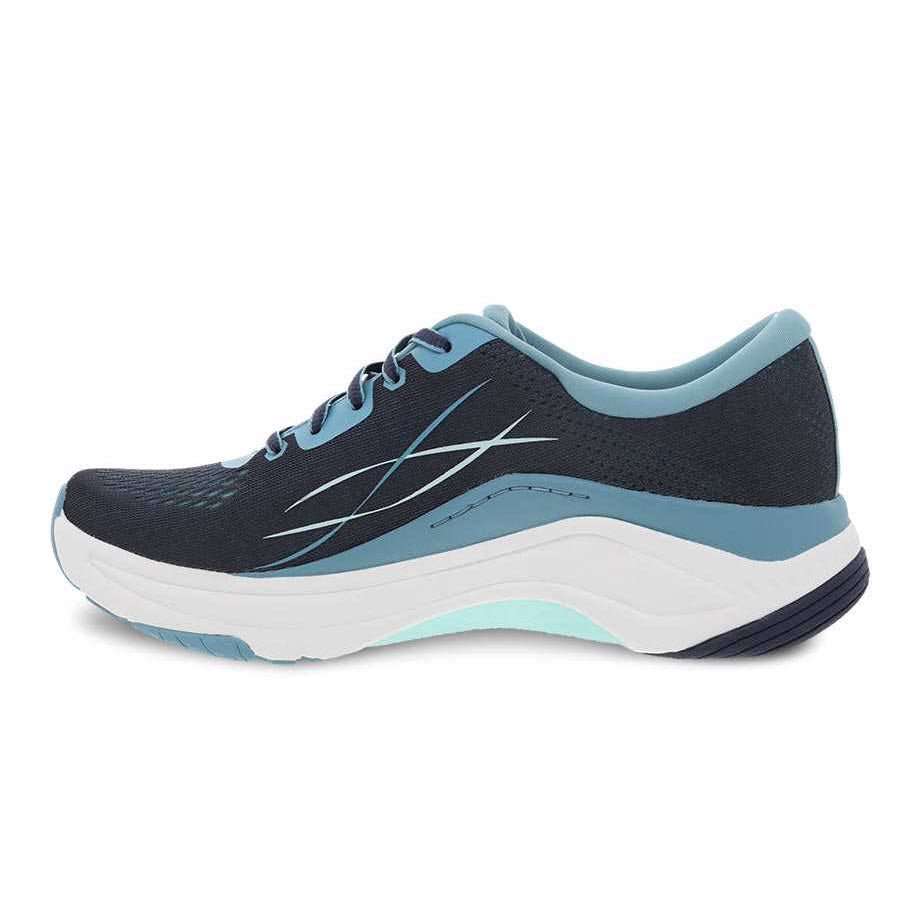A single navy blue Dansko Pace Blue Mesh running shoe with light blue accents and arch support on a white background.