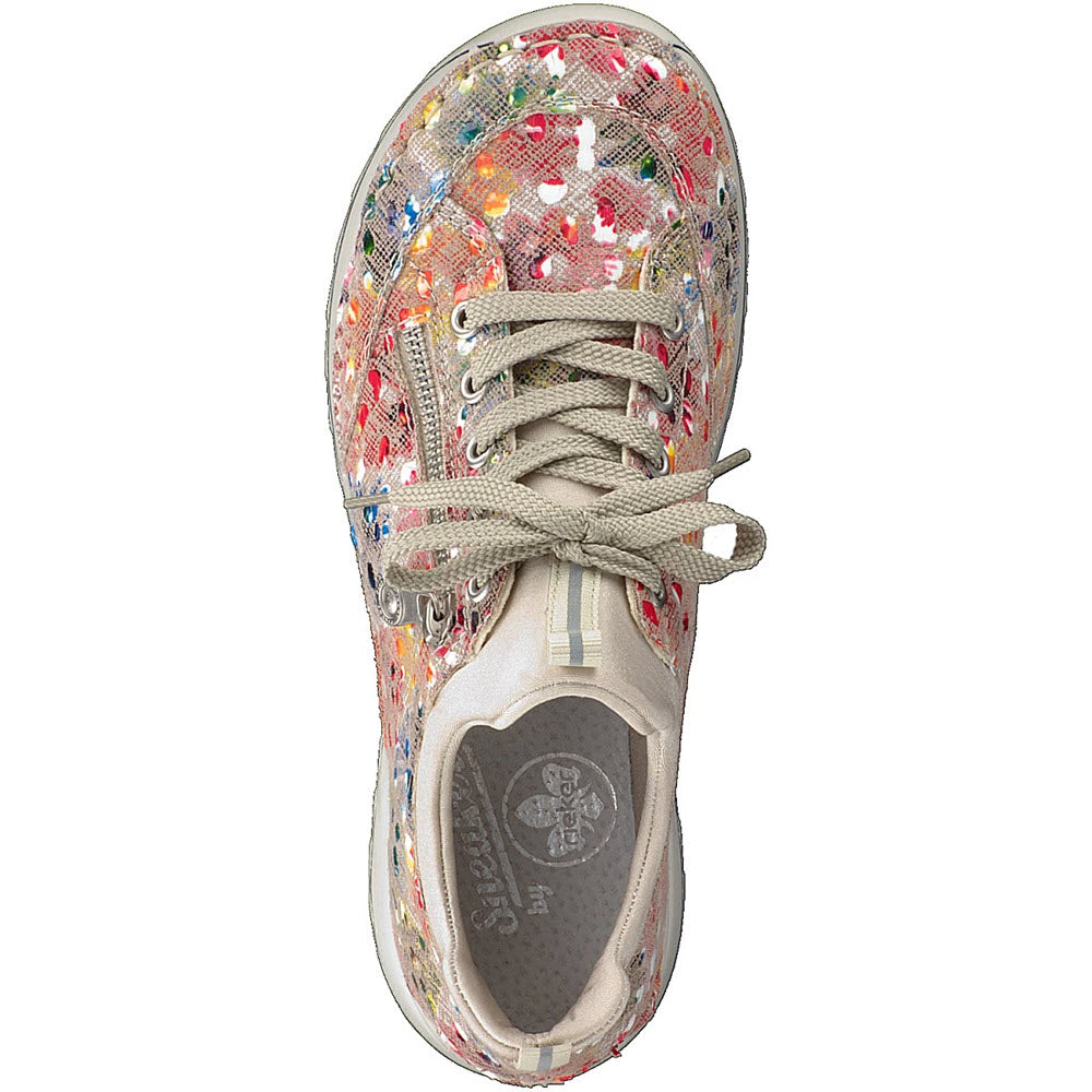 Top view of a colorful, sporty RIEKER RETRO JOGGER FLORAL MULTI - WOMENS with laces.