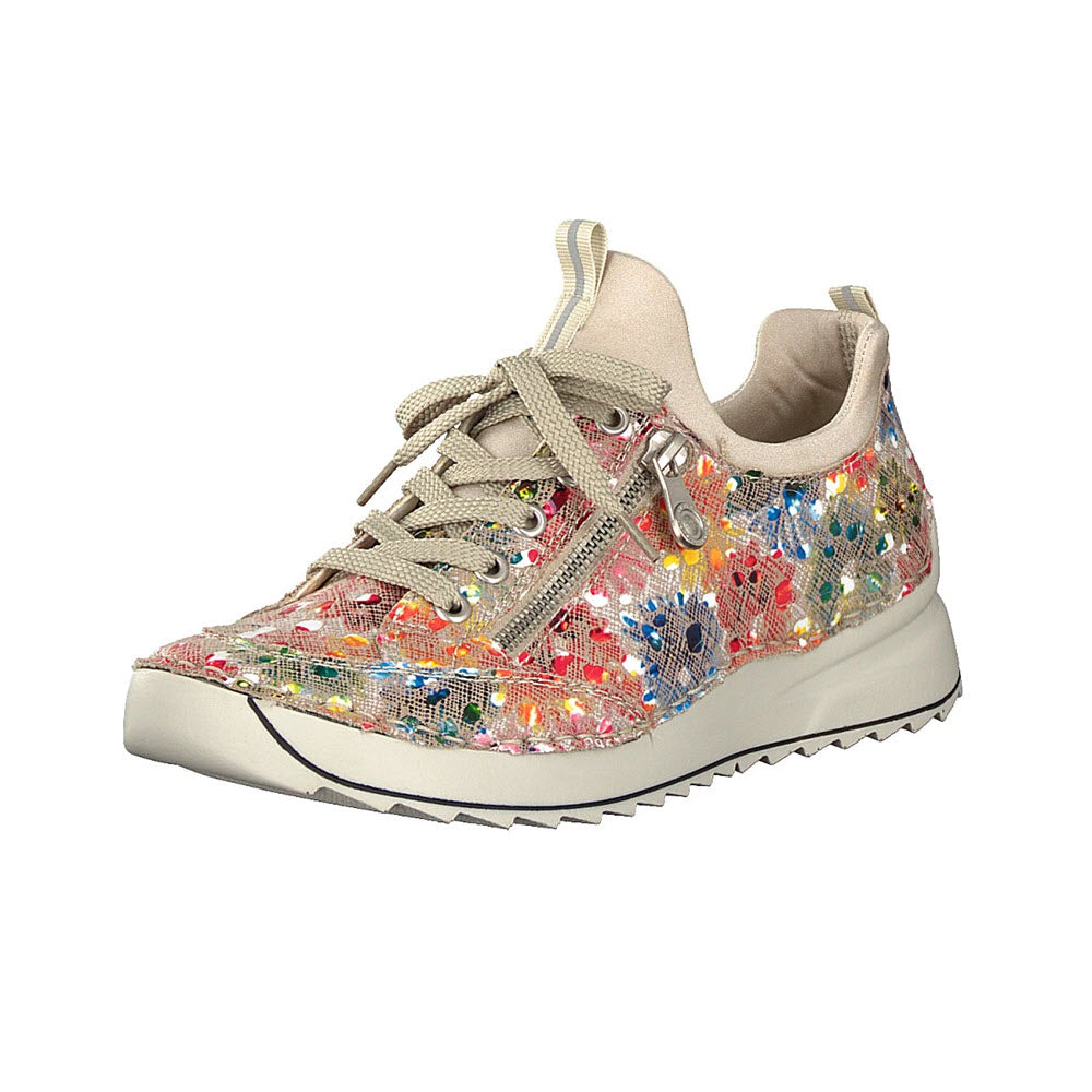 A colorful sequined Rieker Retro Jogger Floral Multi sporty sneaker with laces on a white background.