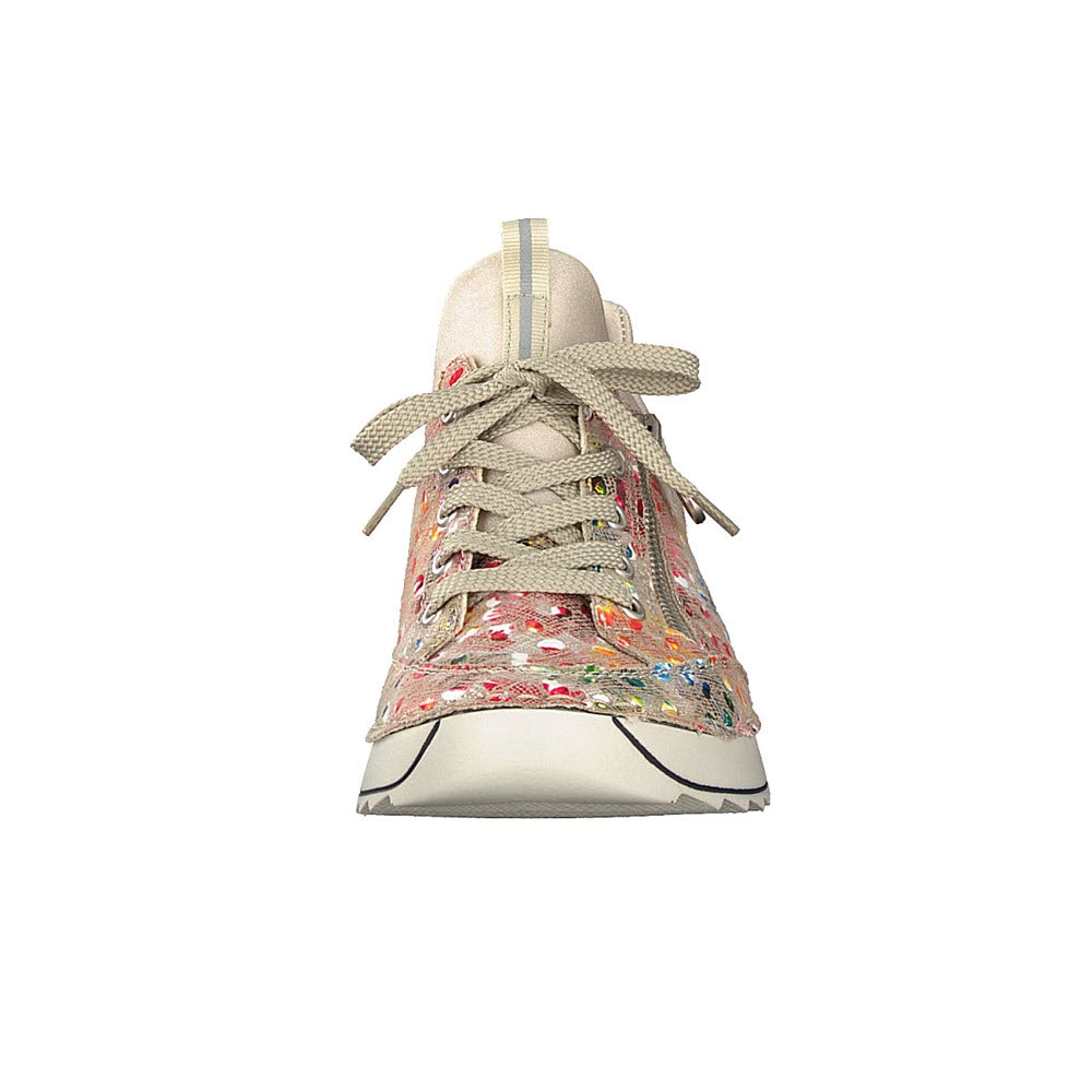 Floral pattern sporty sneaker with laces viewed from the front RIEKER RETRO JOGGER FLORAL MULTI - WOMENS.