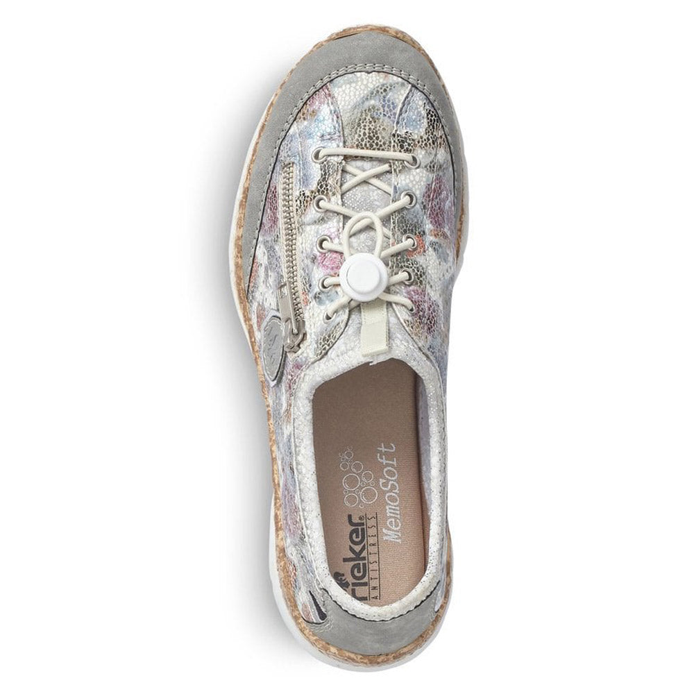 A top view of a single Rieker Cork Sole Perfed Sneaker Floral Multi - Womens with laces and a visible insole label.