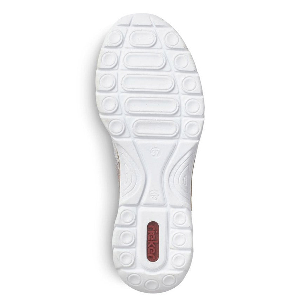 A single white Rieker slip-on shoe sole with a visible brand label.