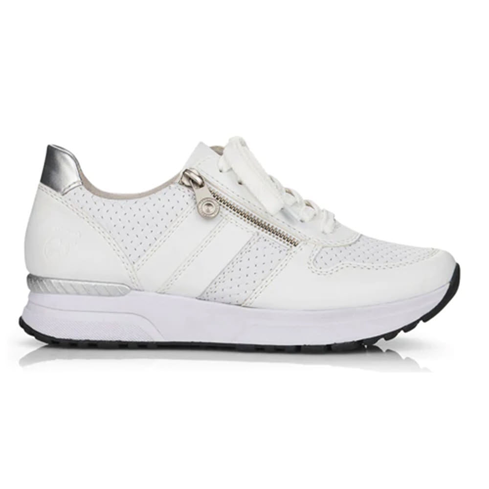 Rieker white athletic sneaker with zipper detail and laced trainers on a white background.