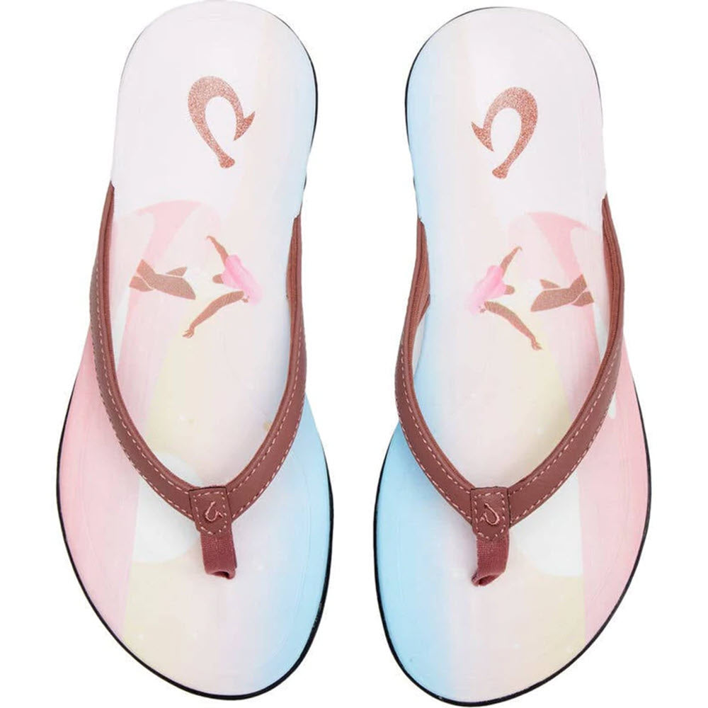 A pair of Olukai slim flip-flops with pastel gradient colors and brown straps.