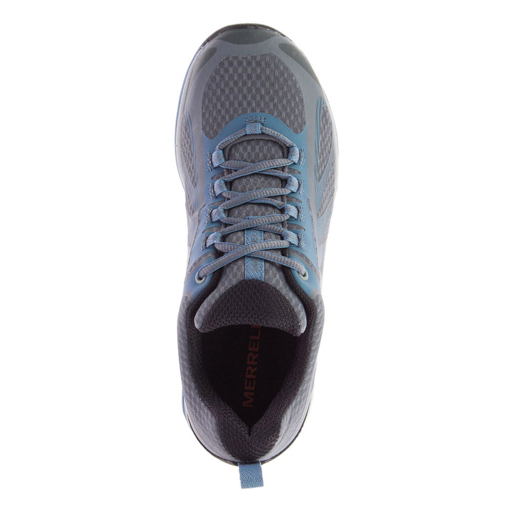 Top view of a gray and blue Merrell Siren Edge 3 Waterproof Rock/Bluestone hiking shoe with visible laces and brand name on the tongue, featuring M Select™ DRY BARRIER technology.