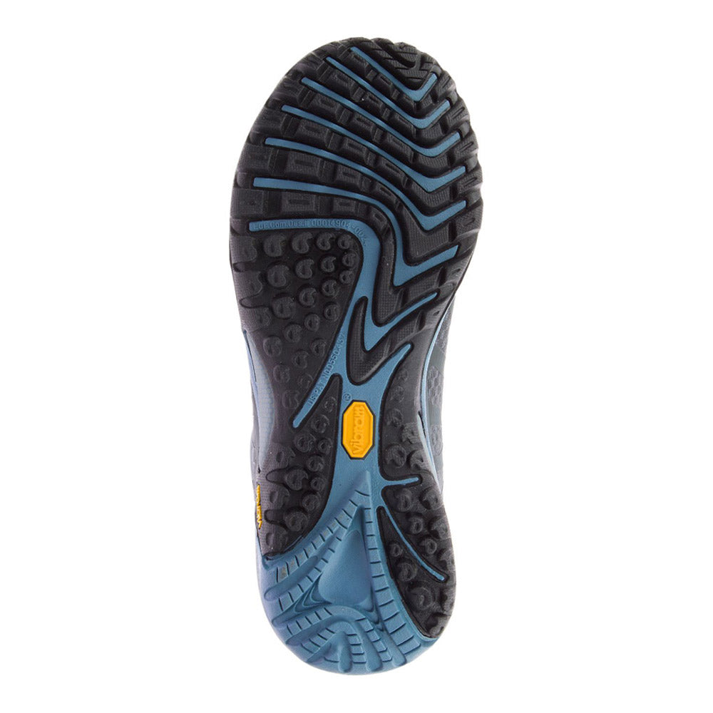 Tread pattern of a Merrell Siren Edge 3 Waterproof Rock/Bluestone - Womens vegan hiking shoe sole with blue and black accents.