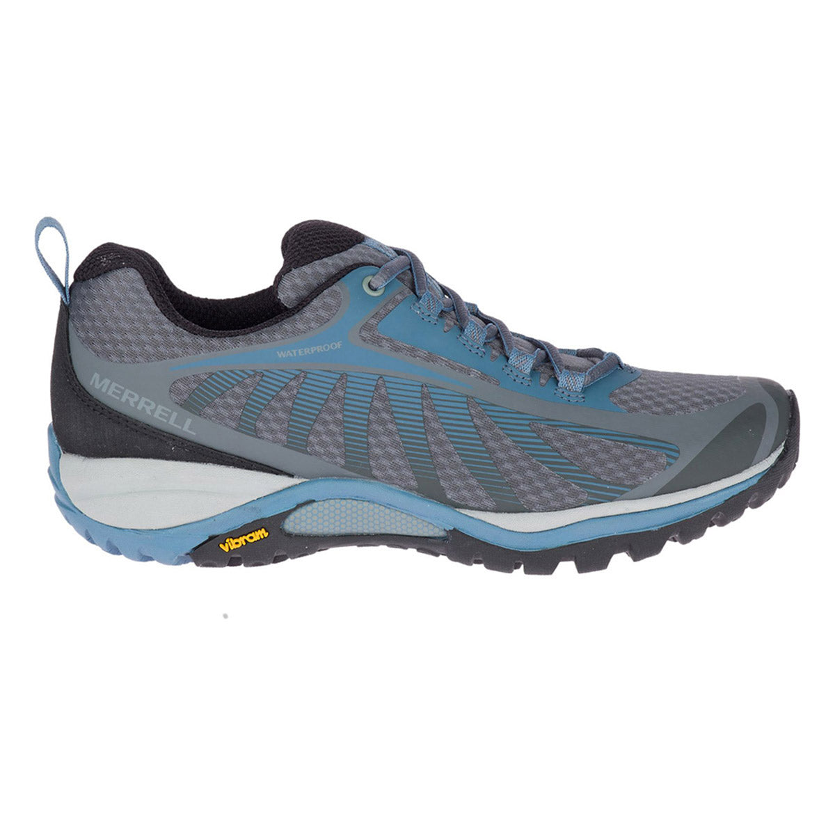 Gray and blue Merrell Siren Edge 3 waterproof hiking shoe on a white background.