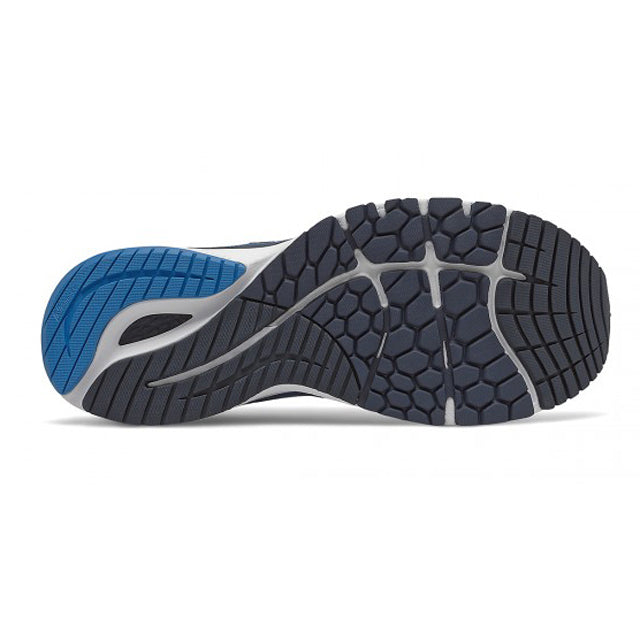 Sole of a men&#39;s New Balance M860v12 running shoe with a blue, grey, and white color scheme featuring a hexagonal tread pattern.