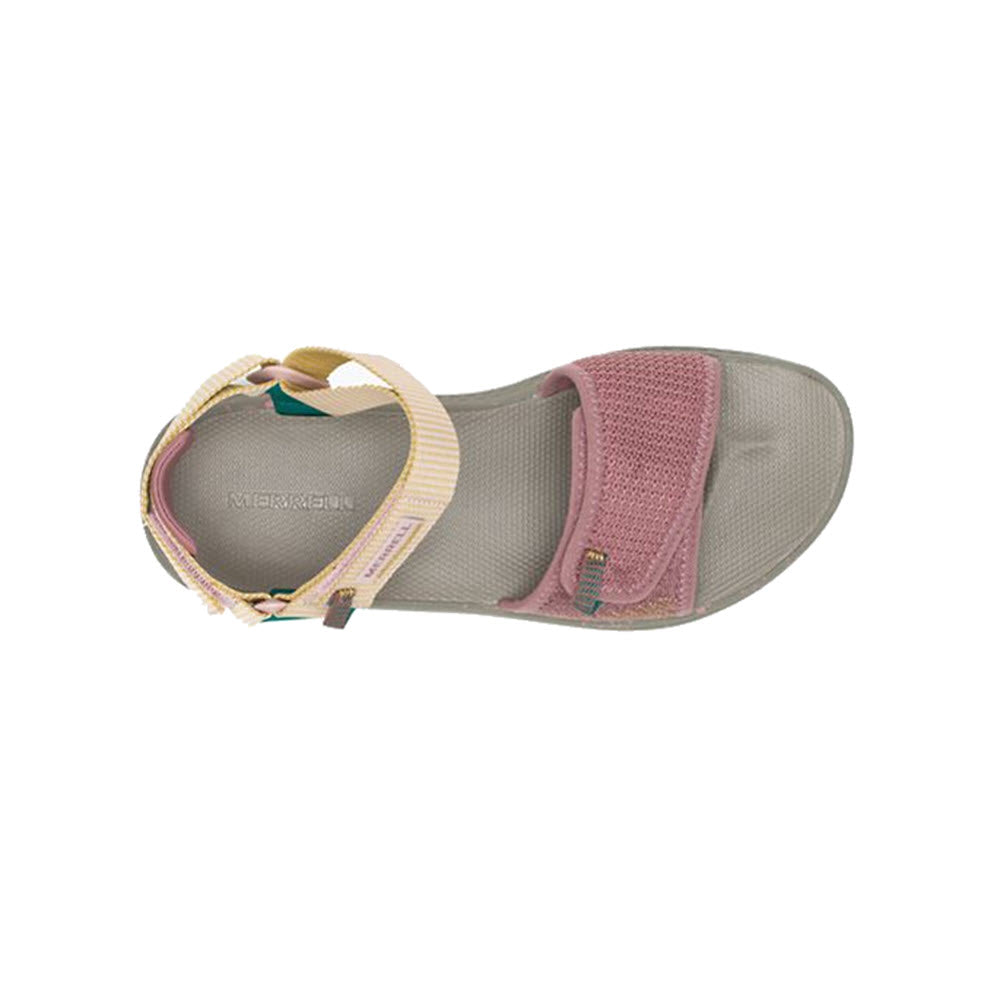 A single pink and gray Merrell Bravada Back-Strap Burlwood Sandal displayed against a white background.
