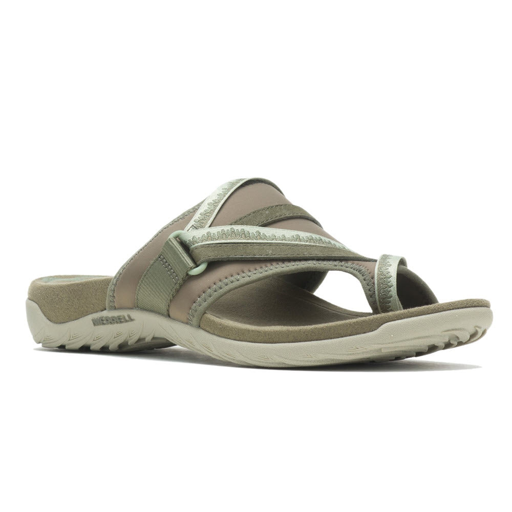 A single olive green casual Merrell Women&#39;s Terran 3 Cush Post Sandal displayed against a white background.