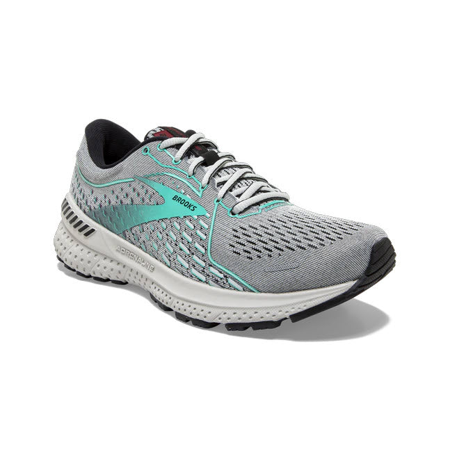 A gray BROOKS ADRENALINE GTS 21 JET STREAM/BLACK/ATLANTIS road-running shoe with turquoise accents and DNA LOFT cushioning, displayed against a white background.