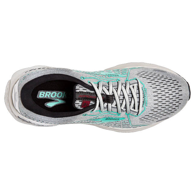 Top view of a gray and teal Brooks Adrenaline GTS 21 road-running shoe with laces tied.