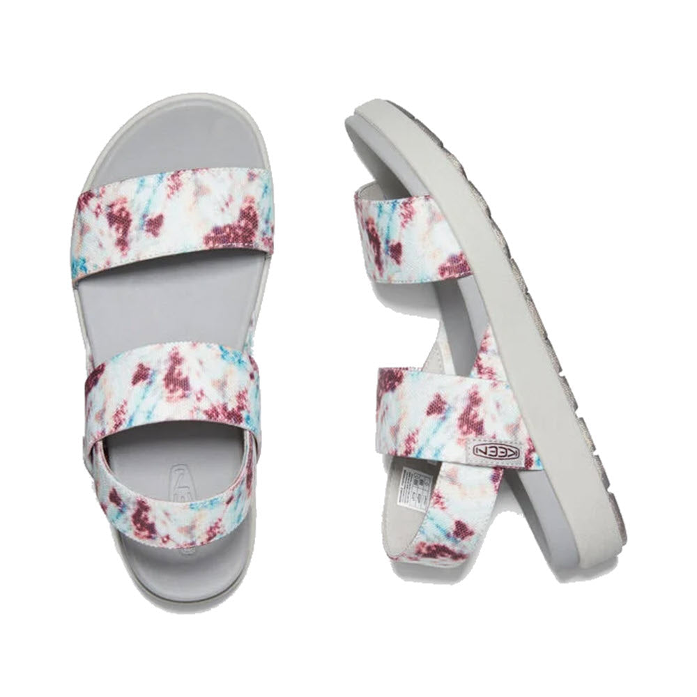 Pair of Keen Elle Backstrap Andorra Tie Dye - Womens sandals with floral pattern on white background, made from recycled plastic bottles.