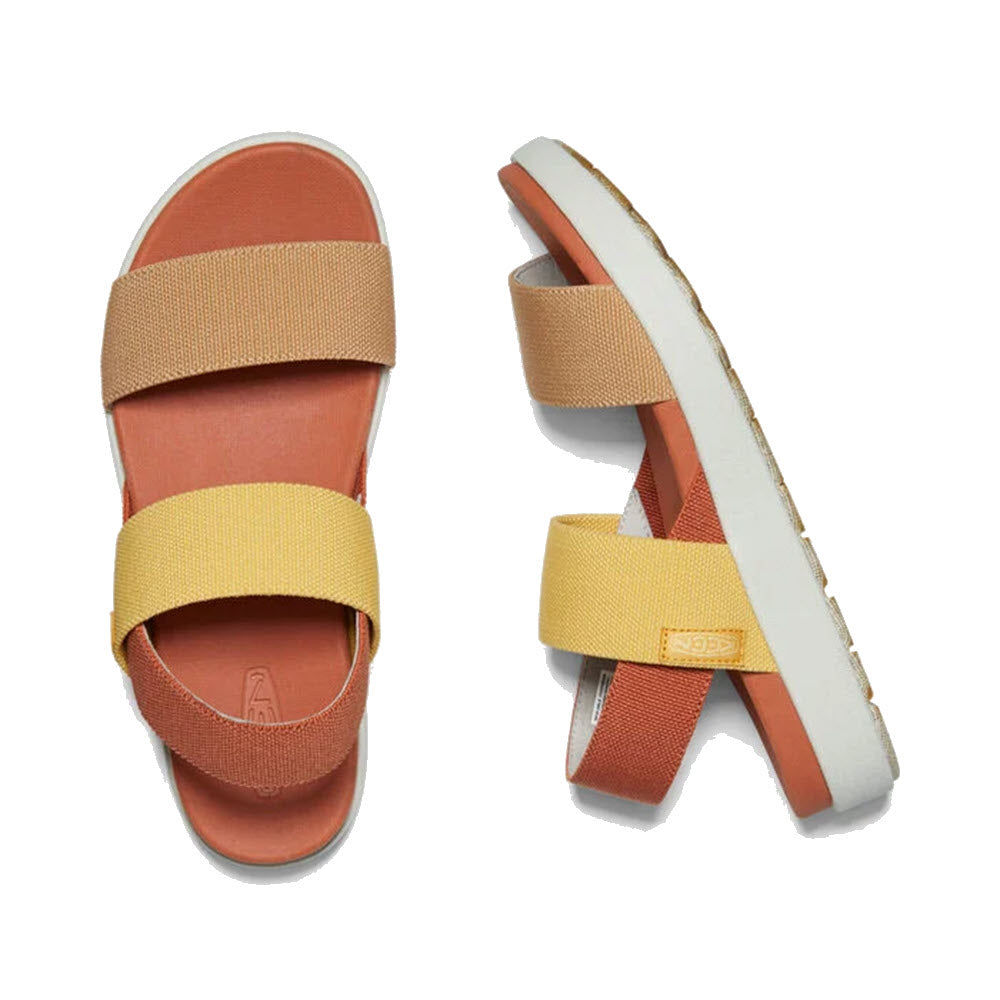 A pair of Keen Elle Back Strap Fossil Orange Sandals with orange soles, yellow straps on top, and white edges, displayed against a white background.