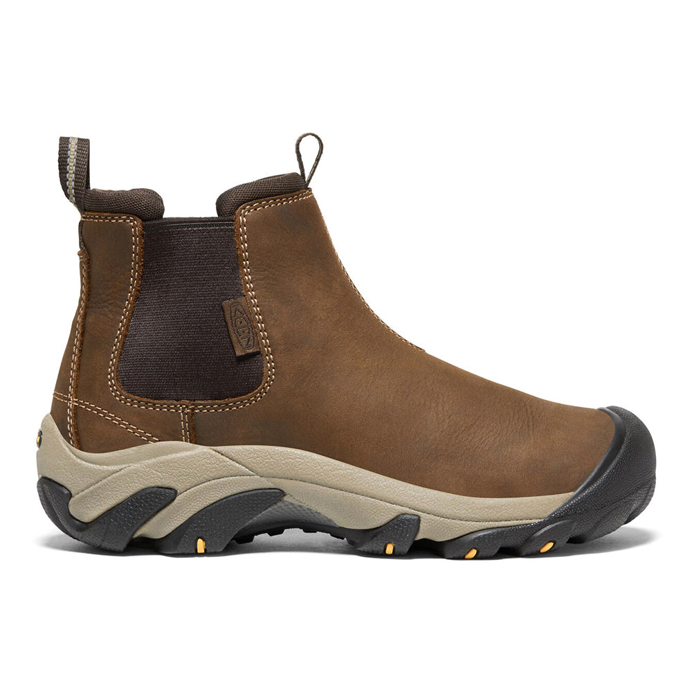 Women&#39;s Keen Targhee II Chelsea Veg Brown ankle boot with a beige sole and breathable mesh lining on a white background.