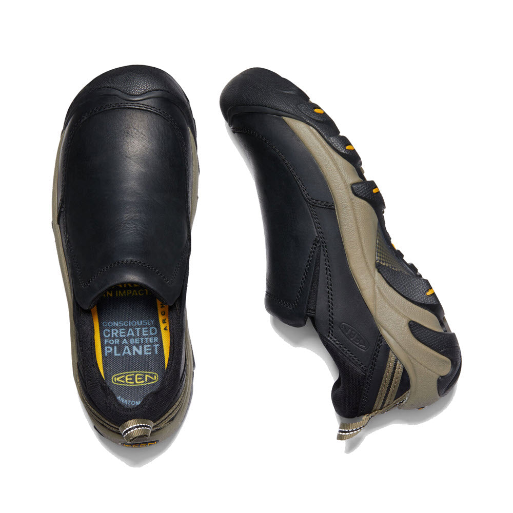 A pair of black and gray Keen Targhee II Soho Black women&#39;s casual shoes viewed from above, showcasing the KEEN.ALL-TERRAIN rubber outsole and insoles.