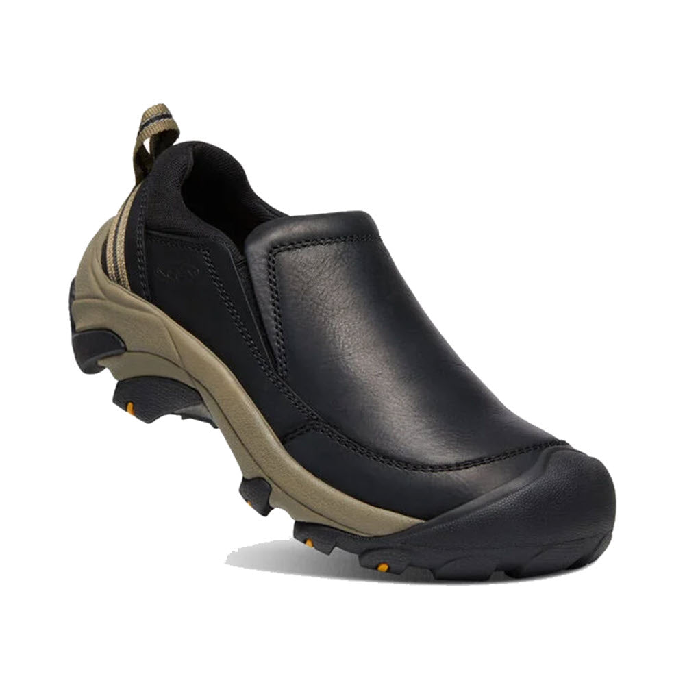 Black slip-on shoe with a pull tab on the heel and Keen Targhee II Soho Black - Womens ALL-TERRAIN rubber outsole.