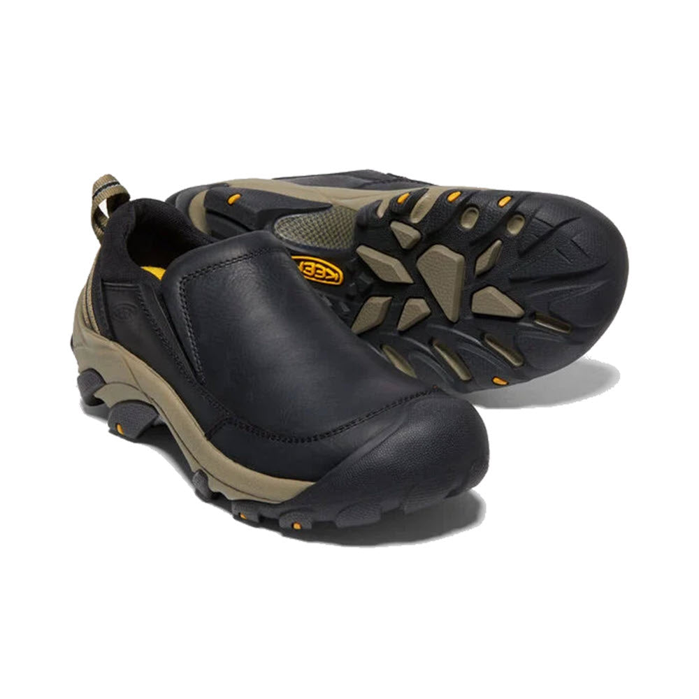 A pair of black Keen Targhee II SOHO BLACK slip-on hiking shoes with a KEEN.ALL-TERRAIN rubber outsole.
