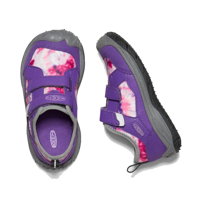 A pair of children&#39;s purple KEEN Speed Hound Sandals with hook and loop straps, featuring floral insoles on a white background.