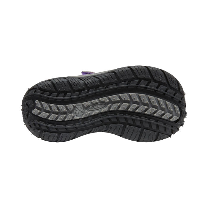 Treaded sole of a Keen Speed Hound Purple Multi - Kids hiking shoe with tire tread traction and a visible Keen logo.