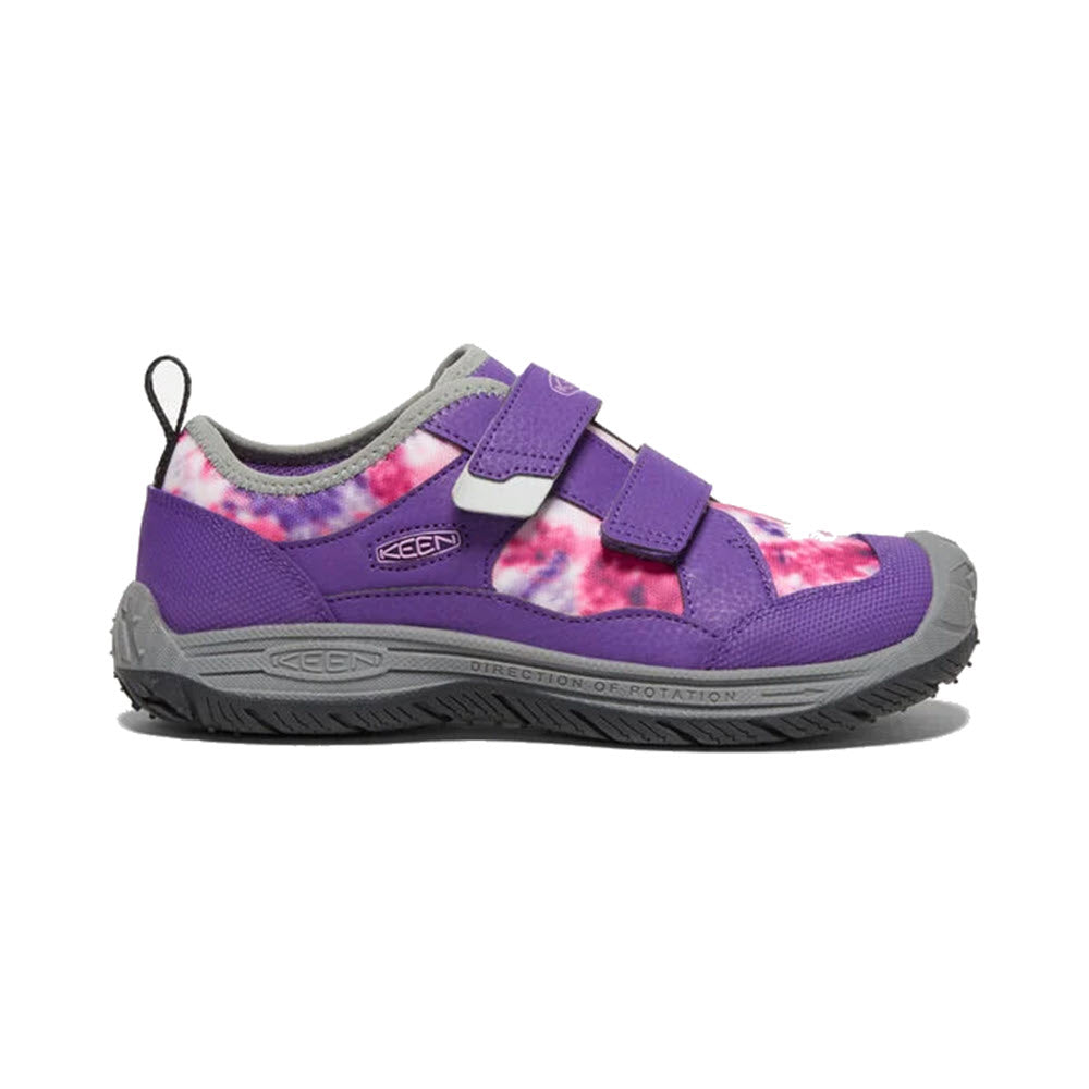 A child&#39;s Keen Speed Hound Purple Multi sneaker with hook and loop straps.