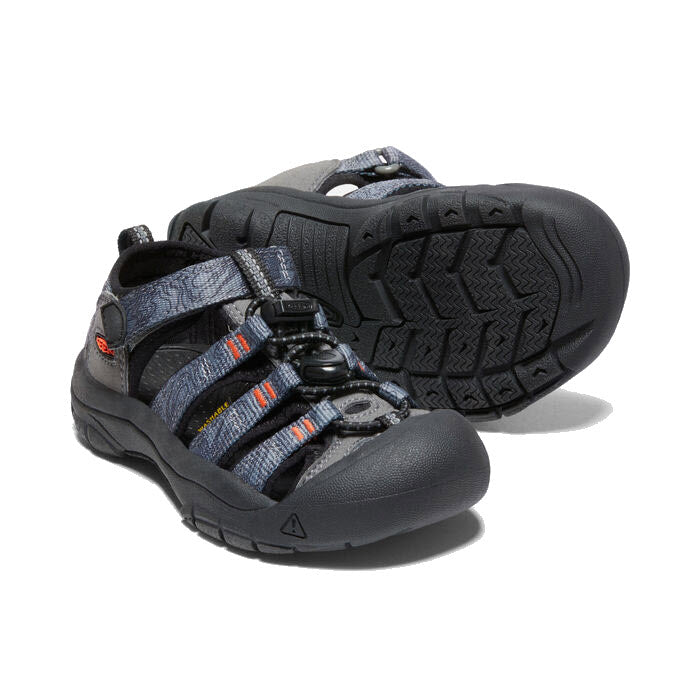 A pair of Keen Newport Steel Grey sandals for kids with adjustable straps on a white background.