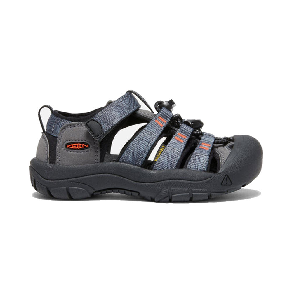 A single waterproof Keen Newport Steel Grey sandal with a closed toe, adjustable straps, and a black and gray color scheme with orange and blue accents.