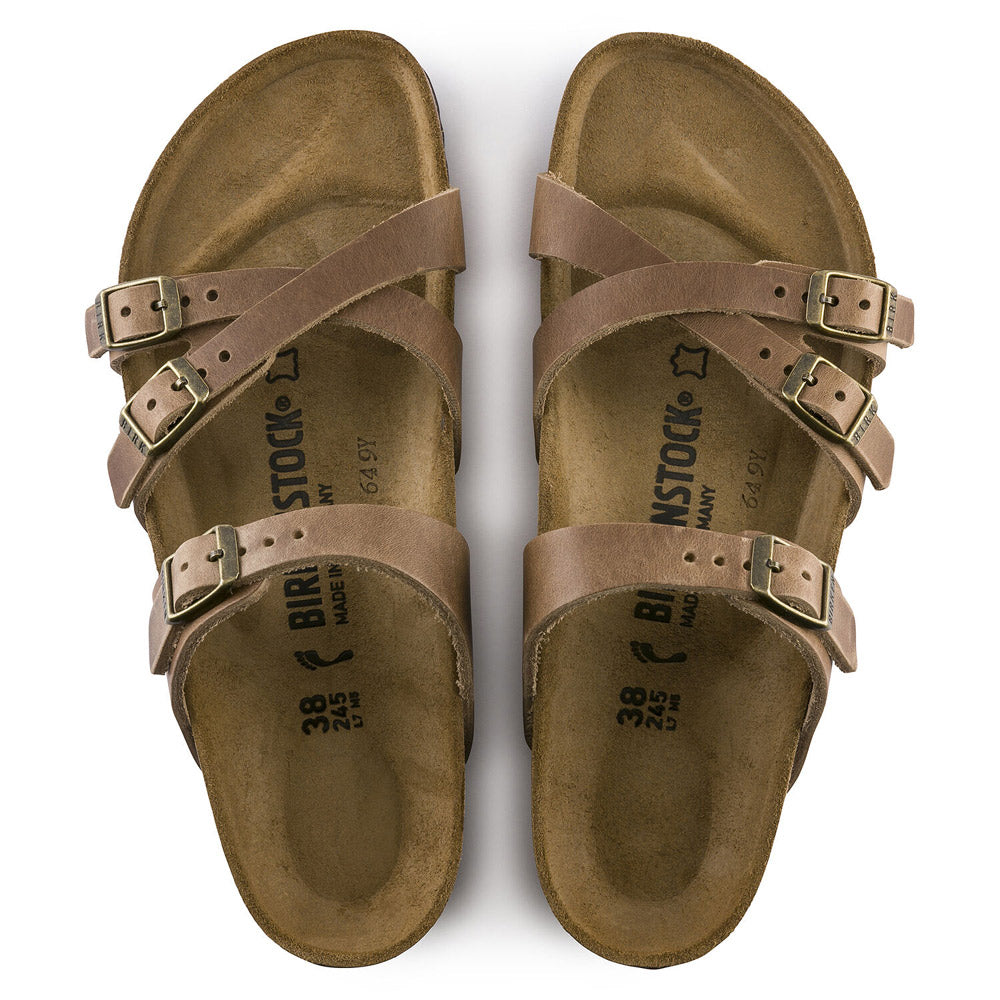 A pair of worn Birkenstock Franca Tobacco Oiled Leather sandals with adjustable straps viewed from above.