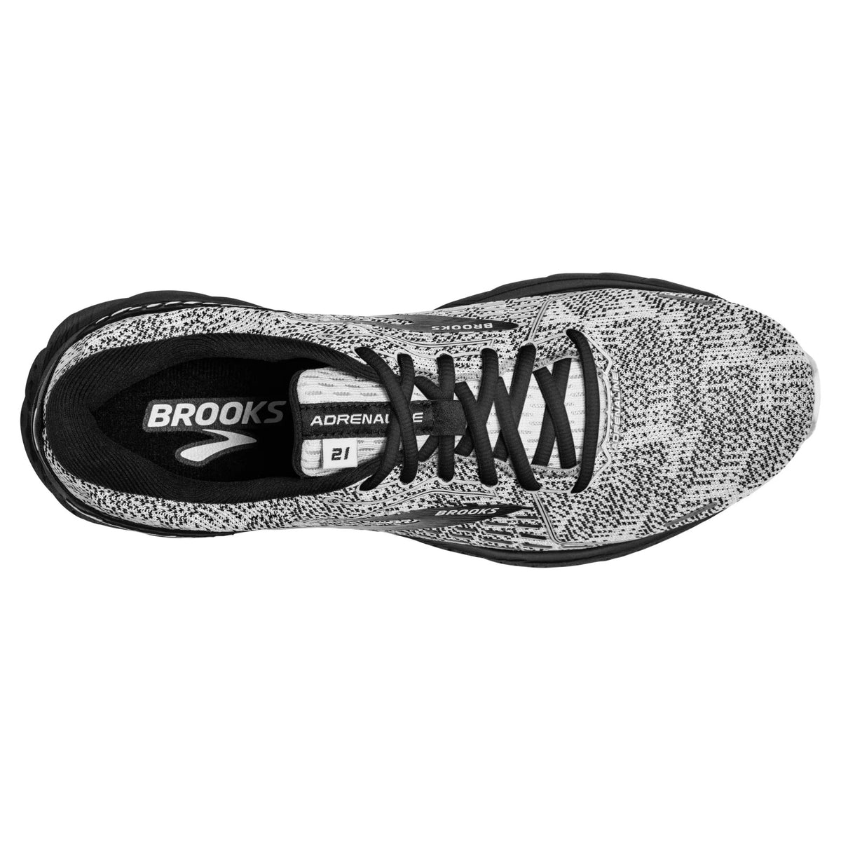 Top view of a single Brooks Adrenaline GTS 21 Blackened White/Grey - Mens stability running shoe.
