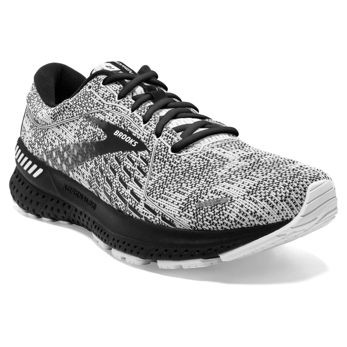 Sentence with replaced product name and brand: Brooks Adrenaline GTS 21 Blackened White/Grey - Mens, a black and white patterned stability running shoe on a white background.