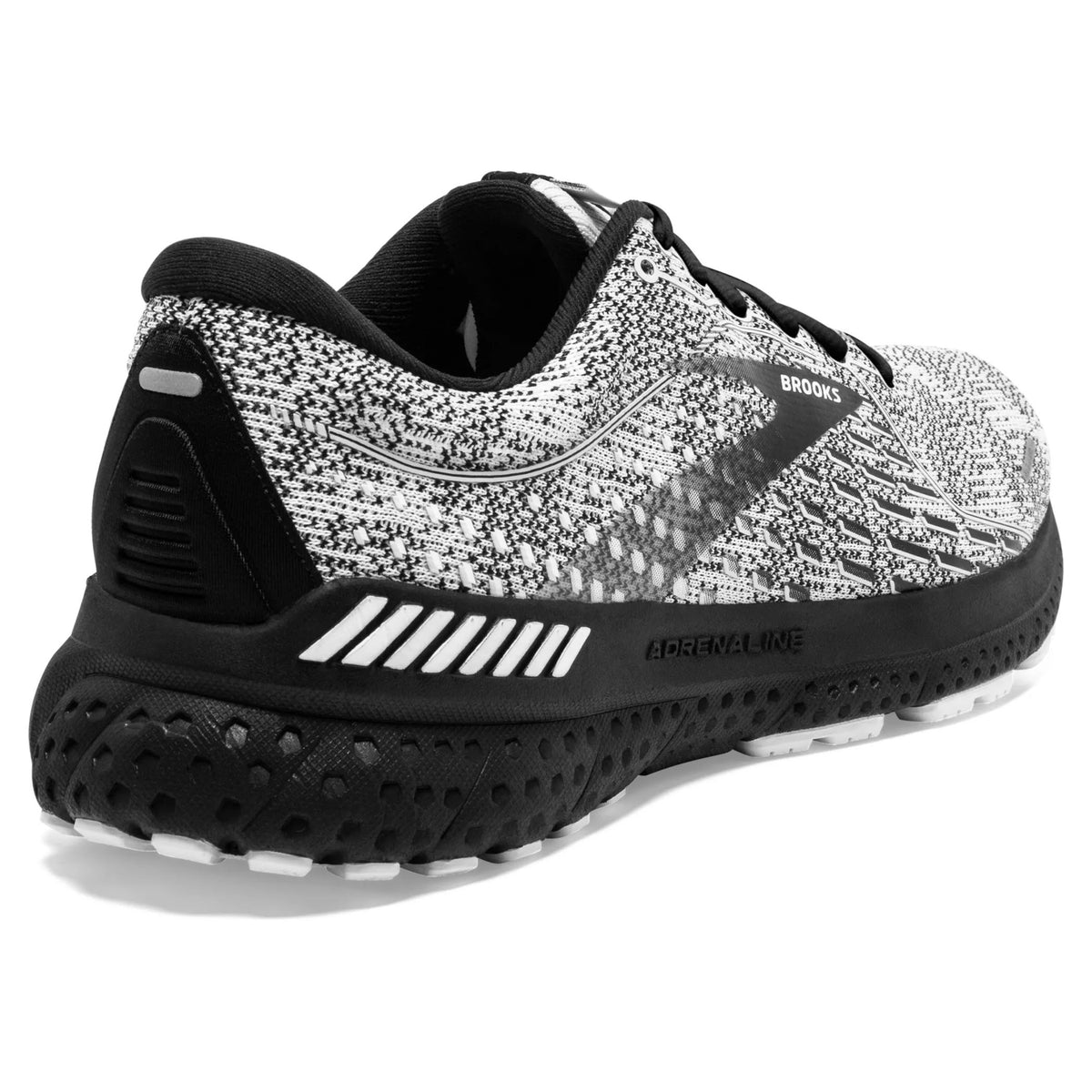 A black and white Brooks Adrenaline GTS 21 stability running shoe on a white background.