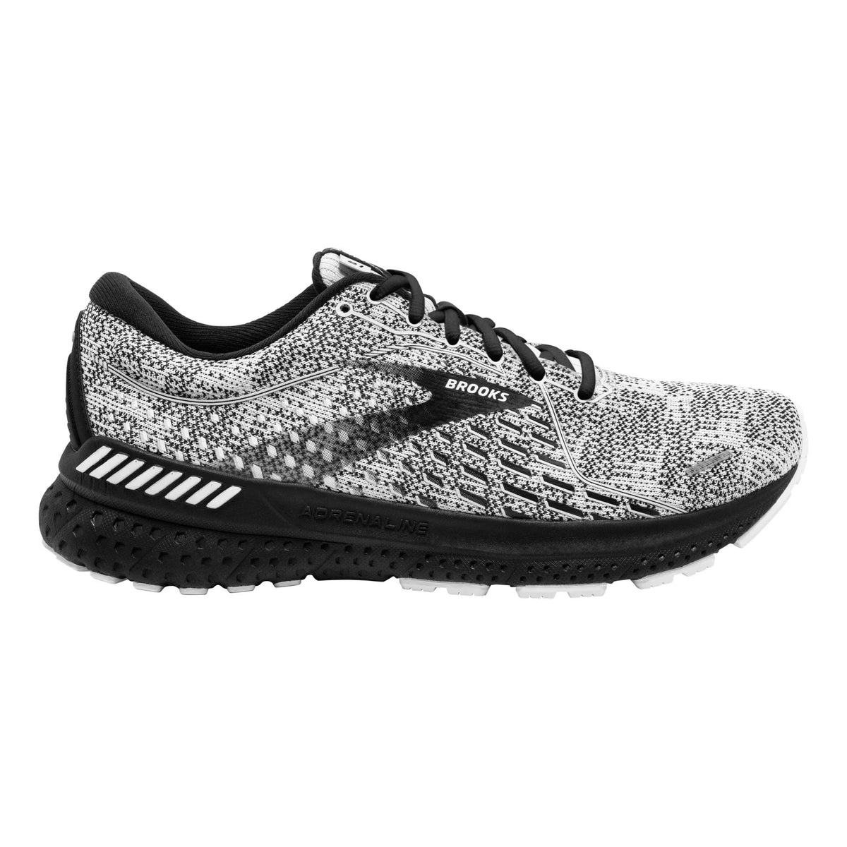 Sentence with replaced product: Black and white men&#39;s Brooks Adrenaline GTS 21 running shoe with GuideRails® Holistic Support System.