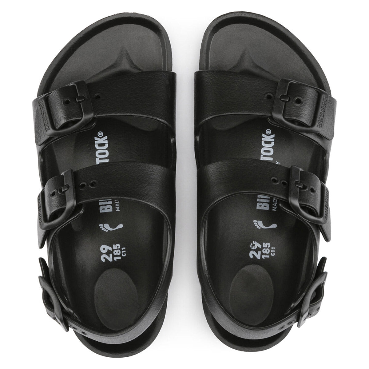 A pair of black Birkenstock Milano EVA Black - Kids sandals with adjustable straps displayed on a white background, featuring an anatomically shaped footbed.
