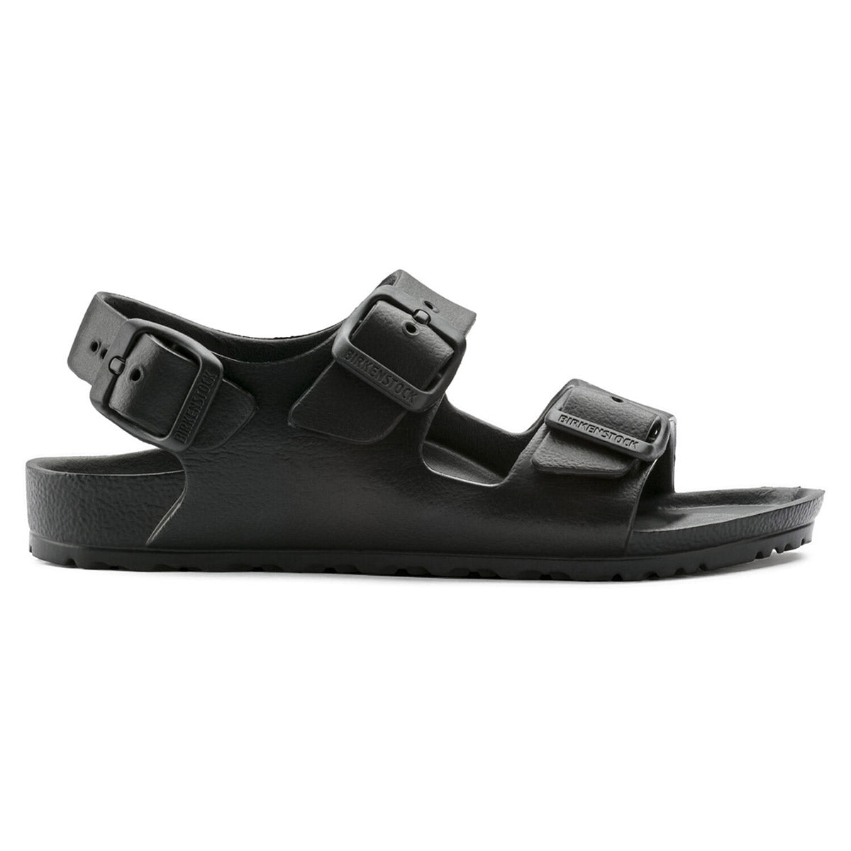 A black, two-strap Birkenstock Milano Eva sandal featuring an anatomically shaped footbed on a white background.