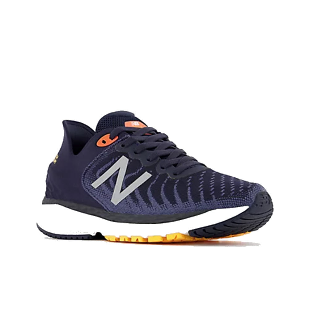 A blue and orange New Balance Fresh Foam 860v11 running shoe with distinctive tread pattern, perfect for the stability-minded runner.